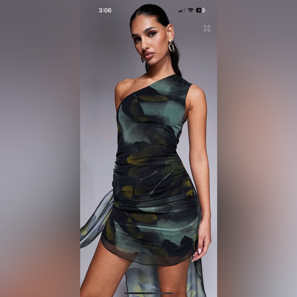 ASOS DESIGN mesh one shoulder drape minidress in oversized dark floral print